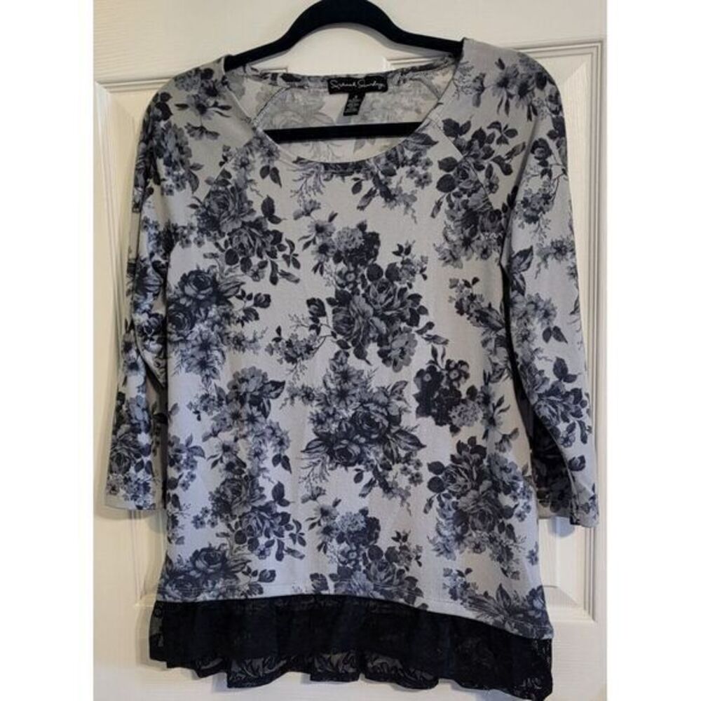 Womens Floral "French Laundry" Long Sleeve Shirt Small Black And White Sweater